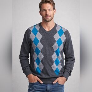 INC Gray Turquoise Argyle Sweater NWT Size Large Merino Wool Vneck Preppy